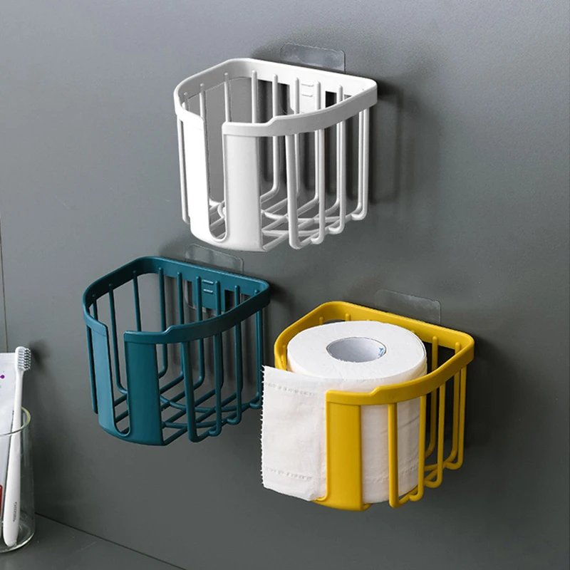 

Wall Mounted Roll Paper Holder Adhesive Hanging Tissue Basket Drainage Storage Rack for Toilet Bathroom