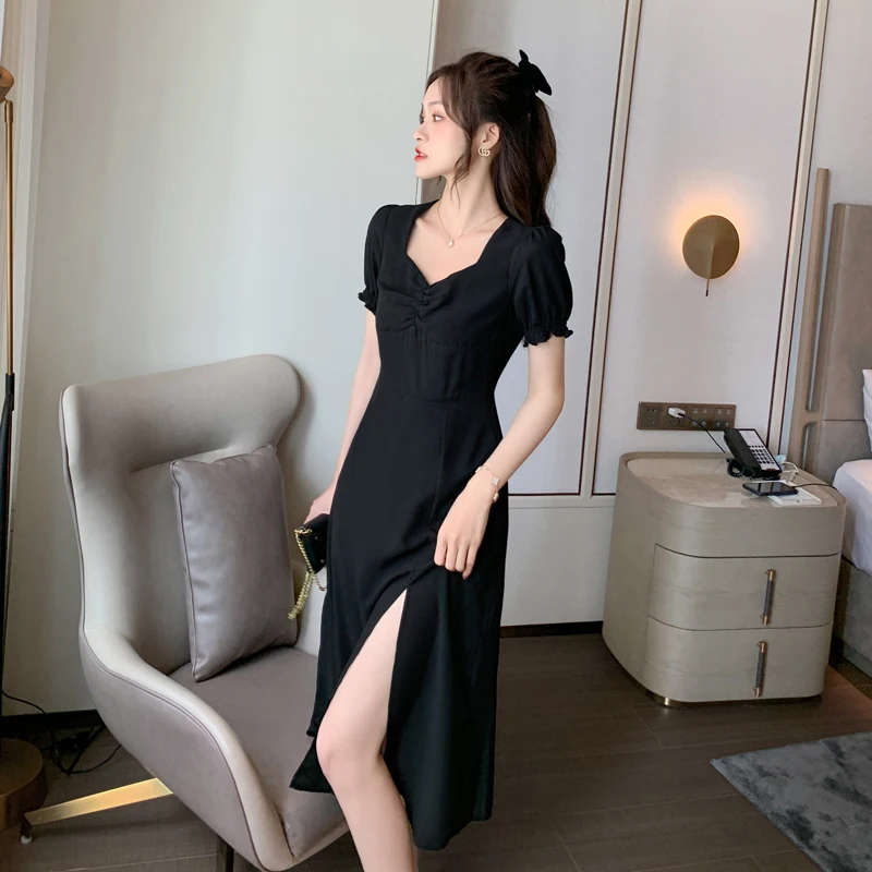 

COIGARSAM French Style Chiffon Women Long dress New Summer Vintage Puff Sleeve High Waist Dresses Black 1107