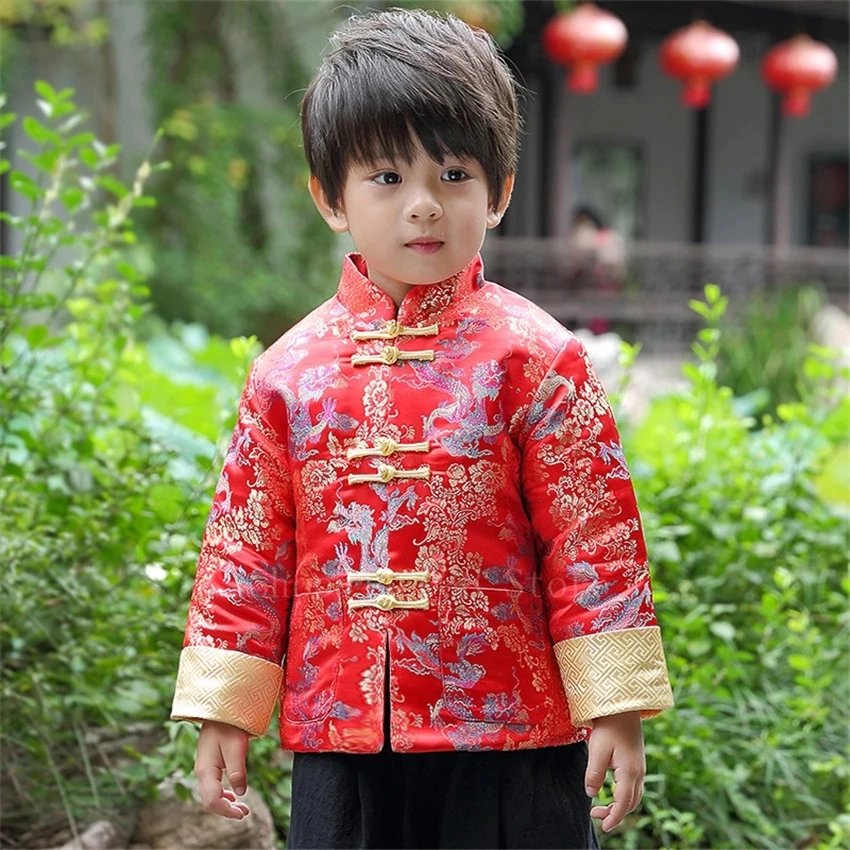 

New Year Chinese Traditional Clothing for Kids Baby Boy Festival Retro Fancy Golden Dragon Printed Satin Tang Suit Top Pants Set