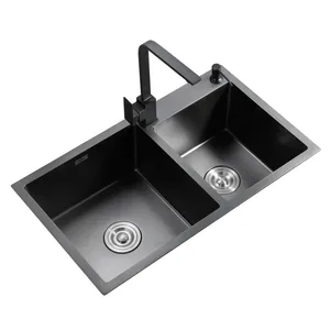 black kitchen sink doubel bowel above counter or udermount stainless steel seamless vegetable washing basin sink free global shipping