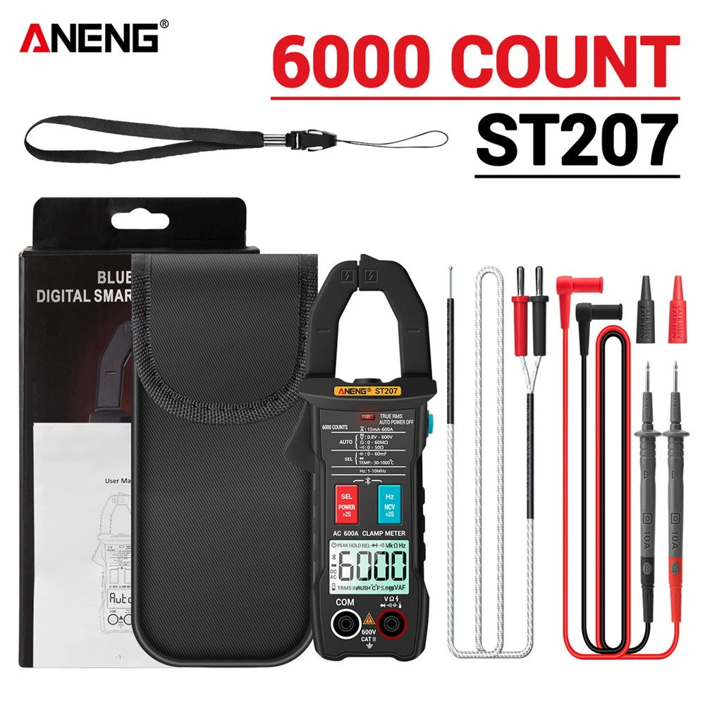 

ANENG ST207 Digital Multimeter Clamp Meter 6000 Counts True RMS DC/AC Voltage Resistance Bluetooth-Compatible Capacitance Tester