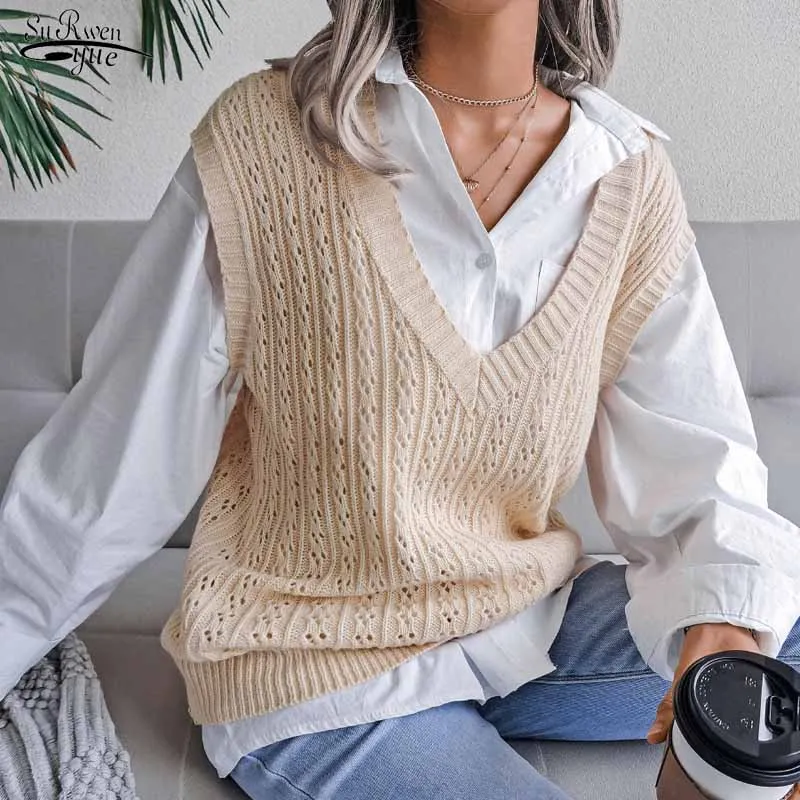 

Autumn Winter V-neck Knitted Sweater Vest Sleeveless Casual Hollow Out Twist Knit Vest Pullover Women Sweater Loose Tops 18135