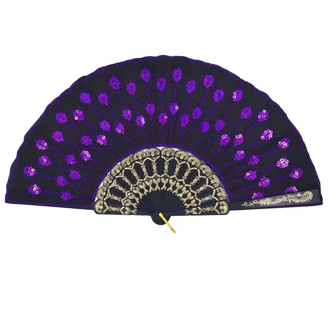 Folding Exquisite Sequins Peacock Feather Pattern Craft Decoration Embroidery 42cm/16.5inches Fan Gift |