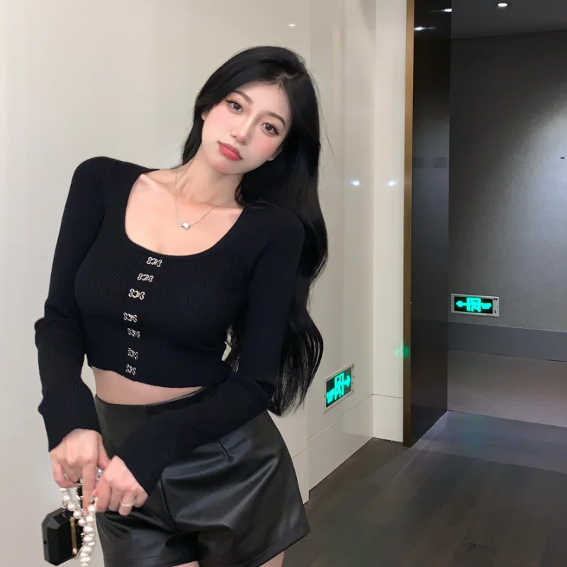 

Fashion Slim Sexy T-Shirts Korean Clothes New Spring/Autumn Short Section Women's Clothing Skinny Tops Long Sleeve Square Collar