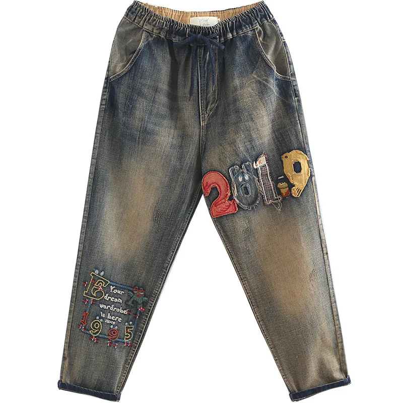 KZ163 OMIKRON женские осенние модные винтажные джинсы с вышивкой свободная повседневная женская одежда Лоскутные эластичные шаровары брюки - Цвет: KZ163