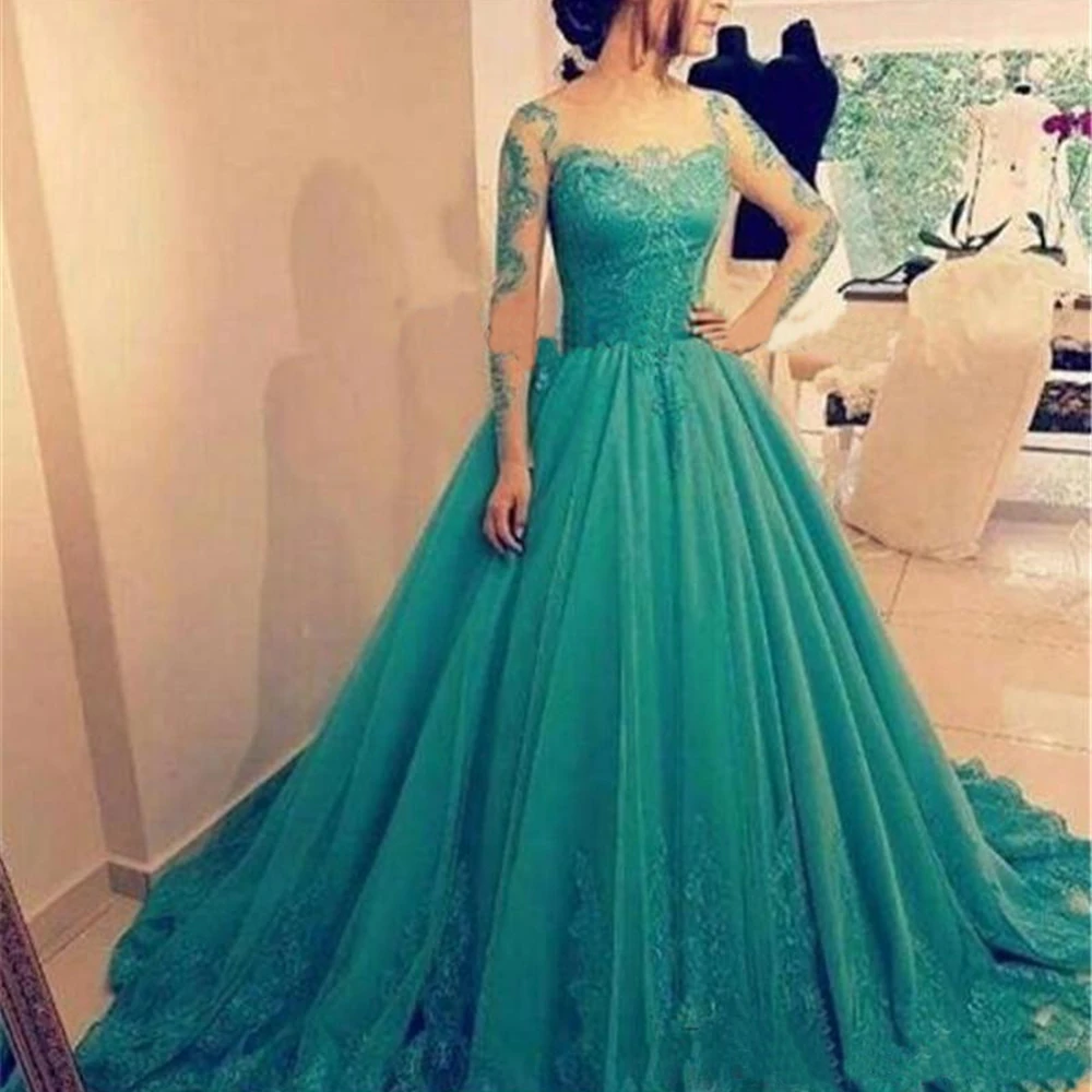 

Бальное платье, официальные платья, кружевное платье для выпусквечерние вечера, вечернее платье до пола с круглым вырезом и длинным рукавом, иллюзионная аппликация, тюль, без шлейфа