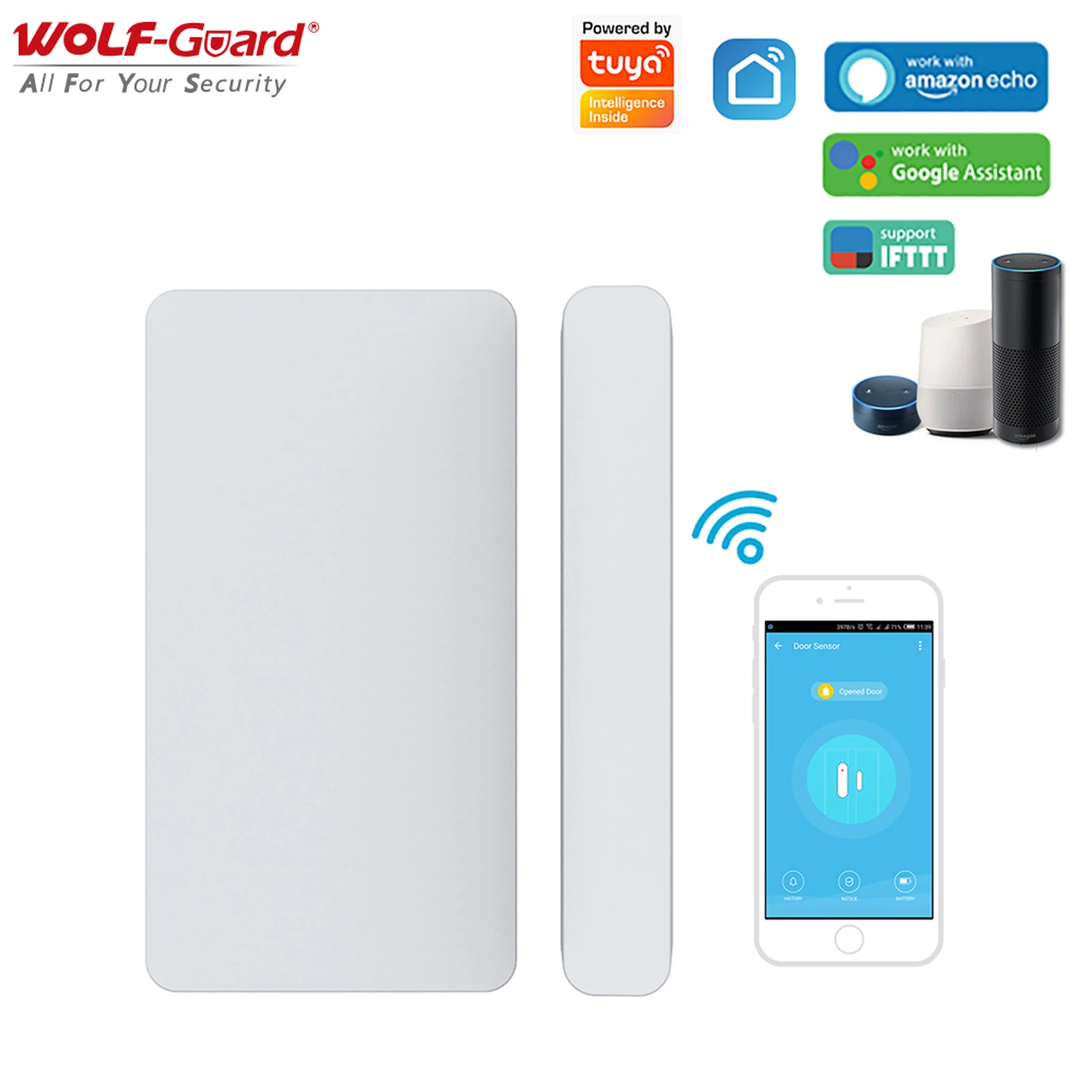 

Wolf-Guard WiFi Tuya Smart Door Sensor Wireless Magnetic Window Opened/Closed Detector APP Control Home Security Support IFTTT