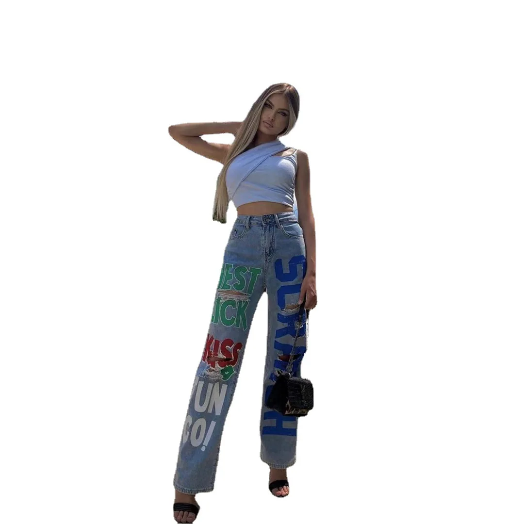 

Женские джинсы в европейском и американском стиле с принтом букв