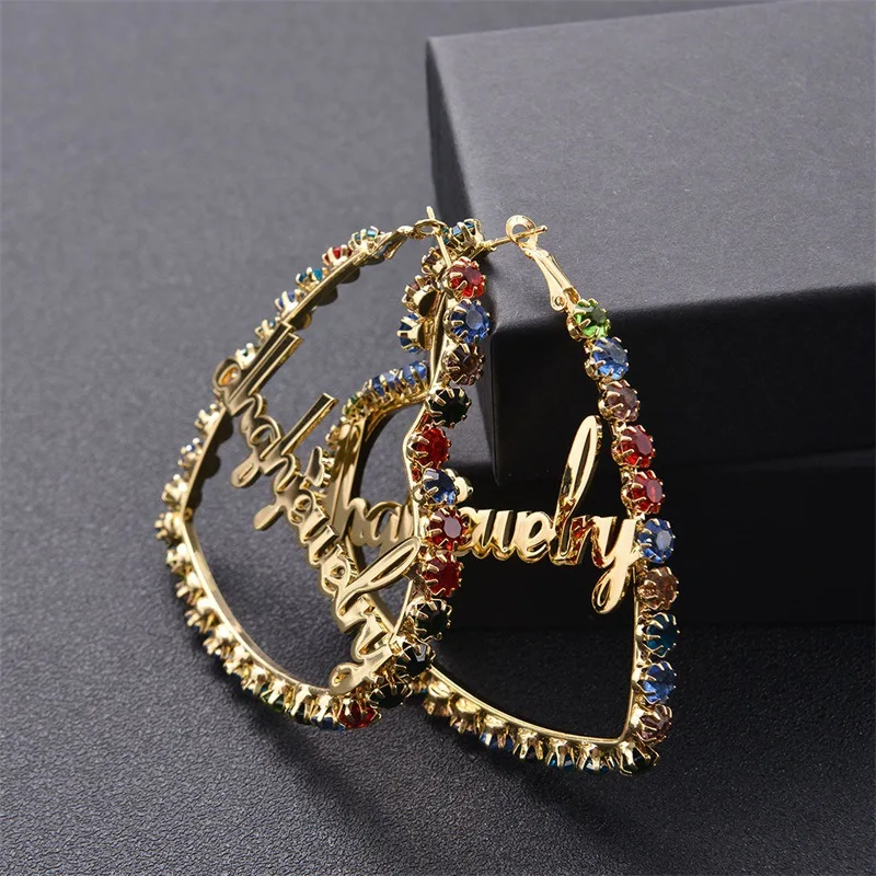 

Colorful Custom Name Earrings Personalzied Zircon Hoop Earrings Stainless Steel Heart Customized Earrings Name Diamond Wedding