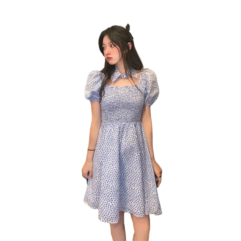 

2021 New Summer Fashion Casual Plus Size Floral Dress Women Detachable Square Collar Puff Sleeve Knee-Length Dress Ladies M155