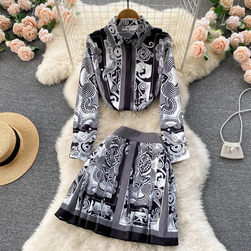 

Spring Matching Sets Dress High Waist Patchwork Pleated Skirts Lapel Shirt Tops Chiffon Geometric Print Blouse Two Piece Set New
