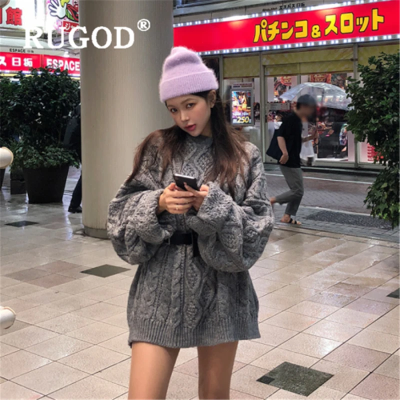 RUGOD 2019 Korean new twisted sweater women Fashion batwing sleeve solid mid-length loose auturm pullovers Casual oversized coat | Женская