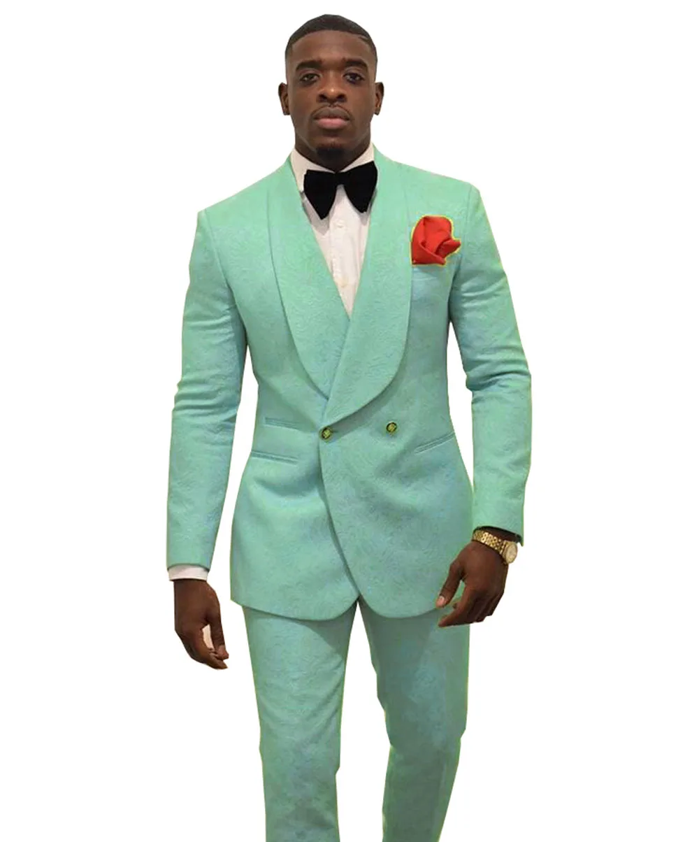 

New Arrival Groomsmen Turquoise Pattern Groom Tuxedos Shawl Lapel Men Suits 2 Pieces Wedding Best Man ( Jacket+Pants+Tie ) C924