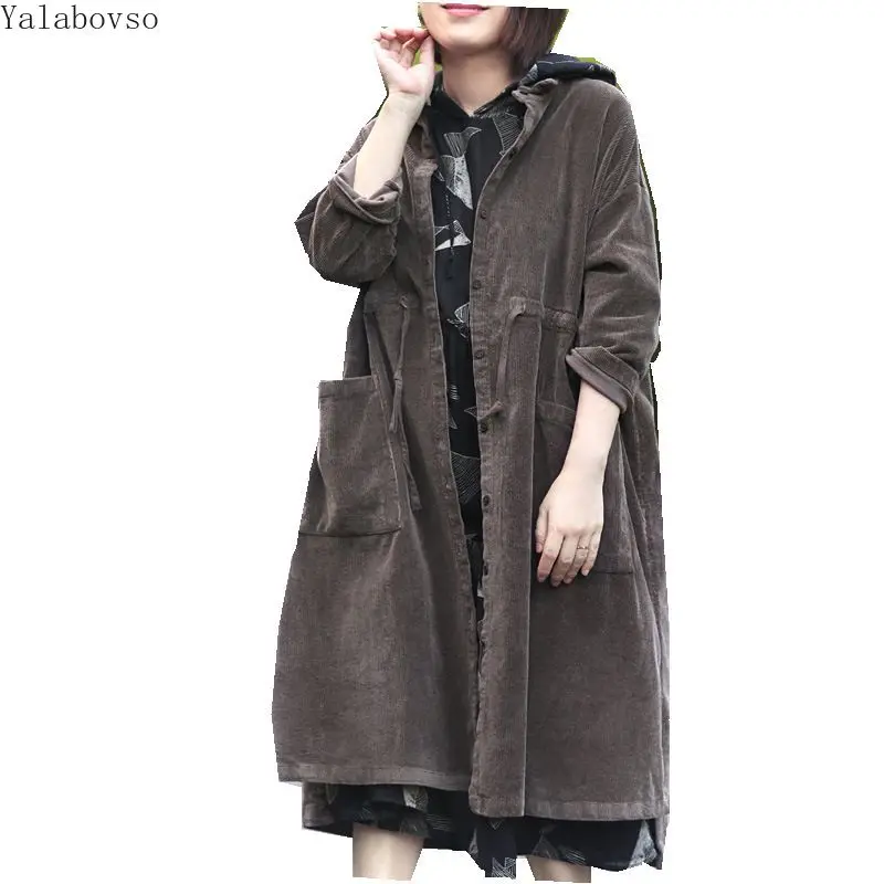 Осень 2019 винтажная Вельветовая ветровка с карманом Свободный Топ Женский Тренч