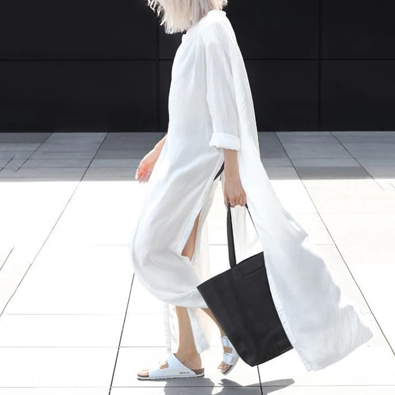 Chicever сбоку Разделение Макси повседневные платья женские белая рубашка Для