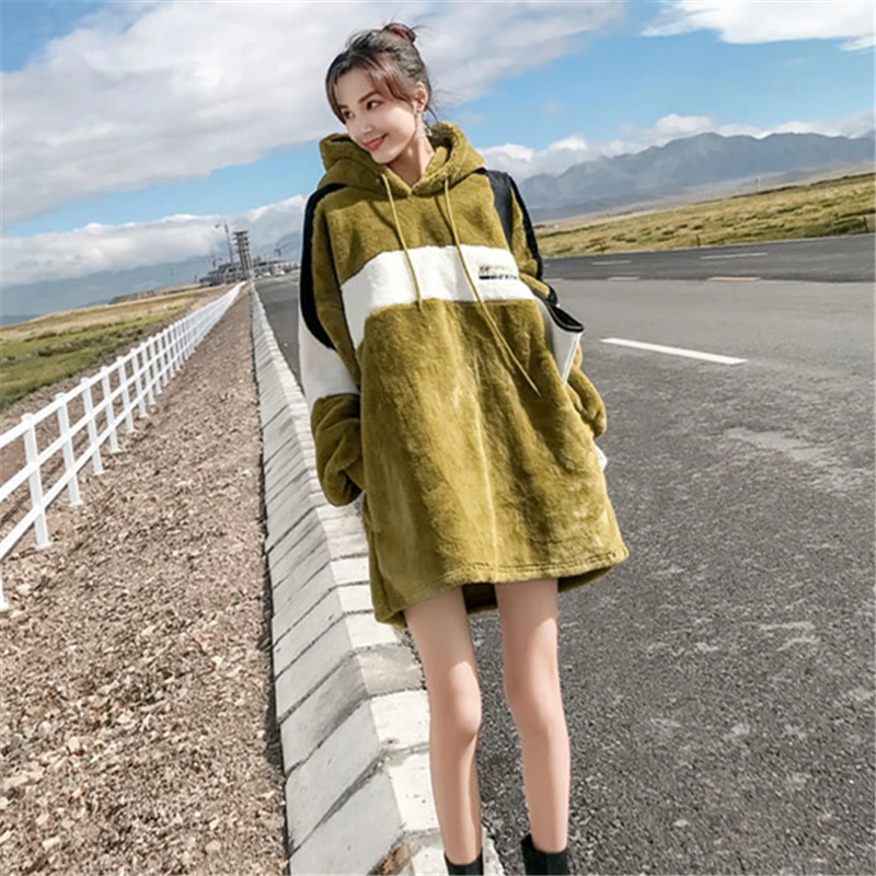 Женская длинная плюшевая толстовка свободное плюшевое пальто с капюшоном