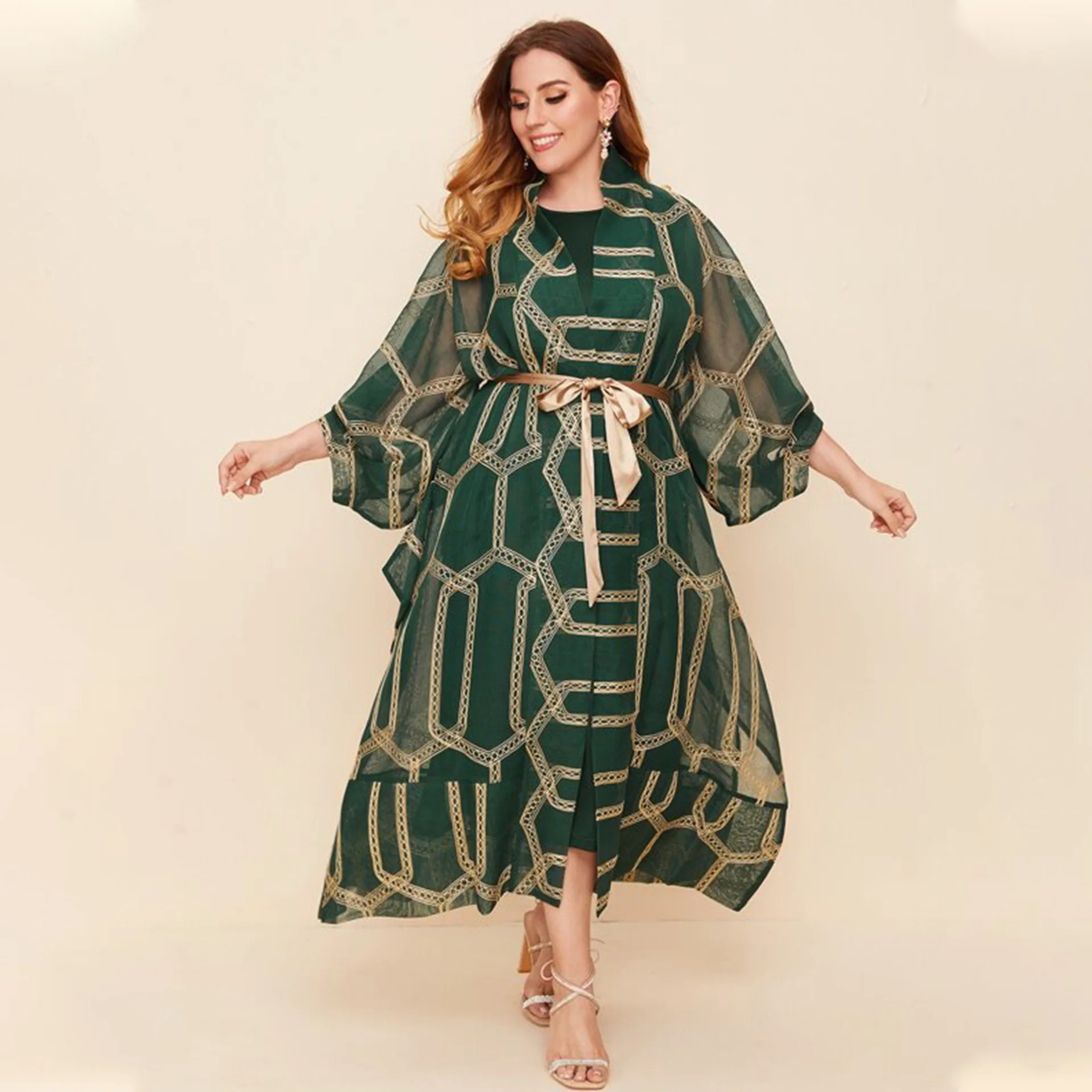 

plus size Abaya for new year 2022 casual women's dresses arabia style Female 2pcs dress green gown Office Lady CN(Origin)