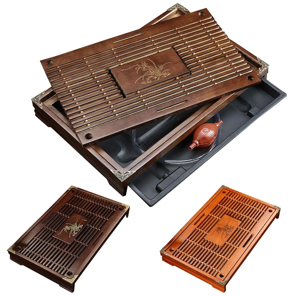 

Solid Wood Tea Tray Rectangle Natural Bamboo Wooden Tea Set Teaware Chinese Kung Fu Carving Table Tea Drawer Decorative Tray