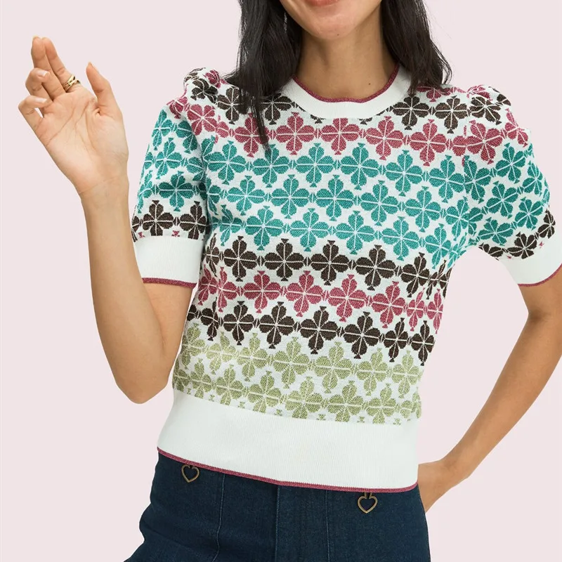 Жаккардовый вязаный пуловер летний свитер Топ 2020 новый с круглым вырезом и