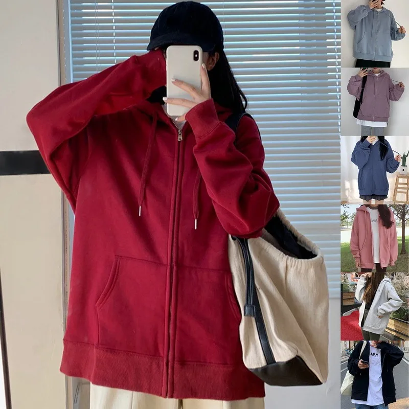 

Женские толстовки с капюшоном, толстовка на молнии с карманами, Женская куртка оверсайз, однотонные толстовки, уличная одежда, Топ с длинным...