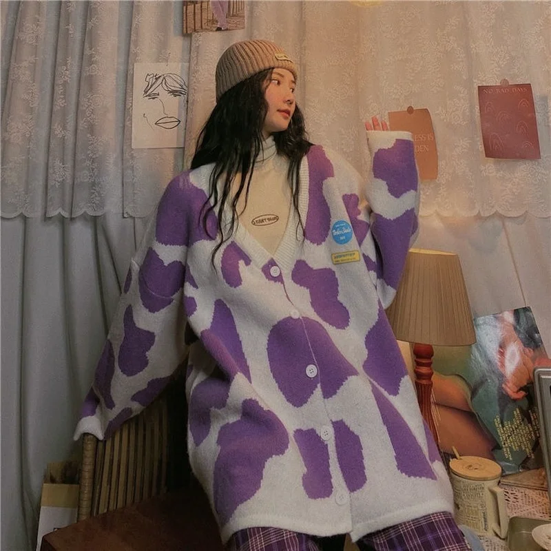 

2021 Autumn Women Winter Knitted Cardigan Buttons Print Oversize Sweater Coat Harajuku Loose Elegant V Neck Women Cardigans
