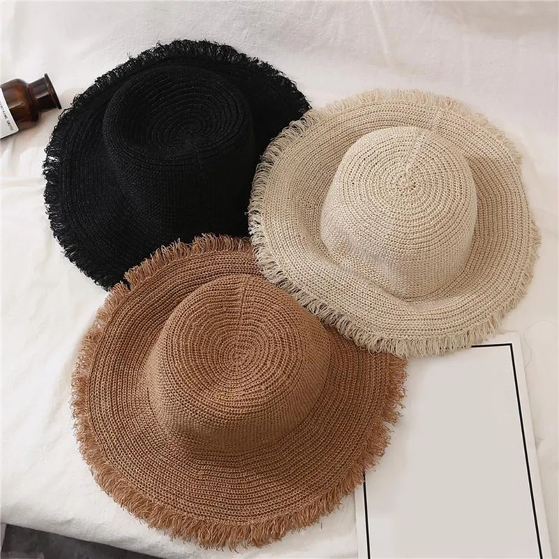 

Fashion Women Panama Hats for Women Wide Large Brim Beach Sun Hats with Fashion Solid Visor Hat Straw Cap Female Bucket Hat