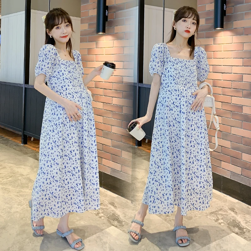 

9810# 2021 Summer Korean Fashion Maternity Long Party Dress Elegant A Line Floral Printed Chiffon Clothes for Pregnant Women