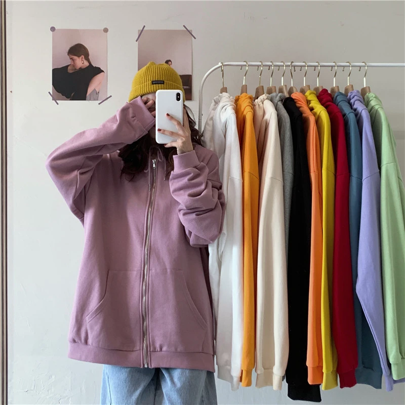 

Fashion Hoodies Woman Cotton Zipper Sweatshirts Spring Autumn Hooded Jacket Casual Female Tops