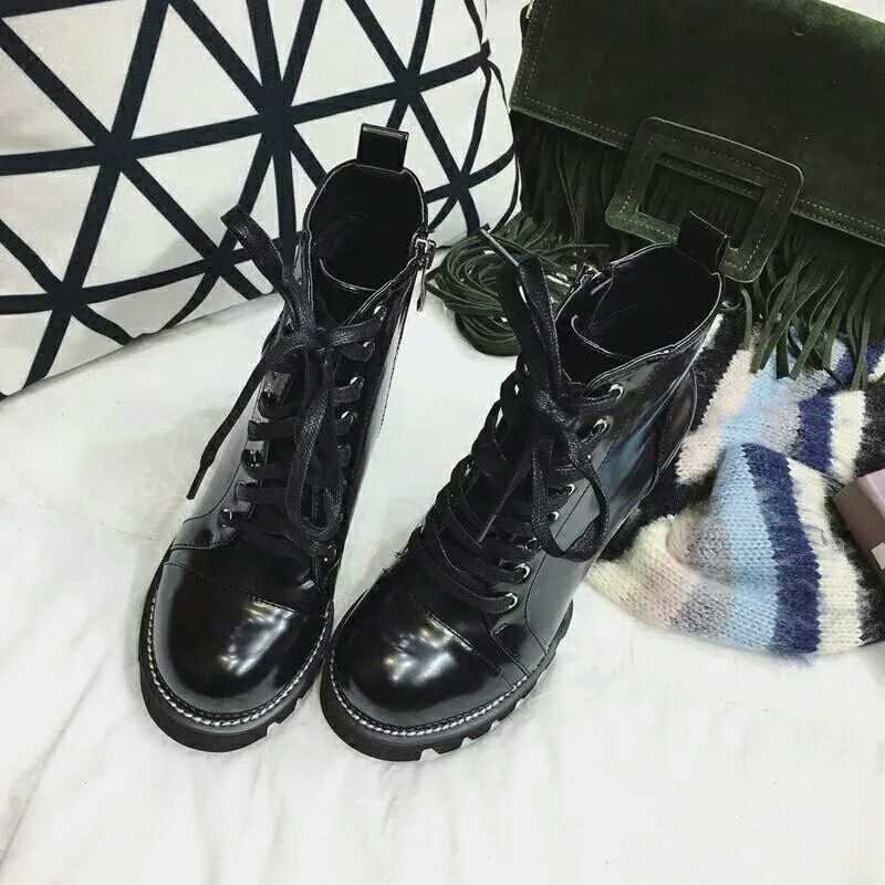 

Autumn and winter new thick heel lace up waterproof super high heel short boots women's boots bare boots high