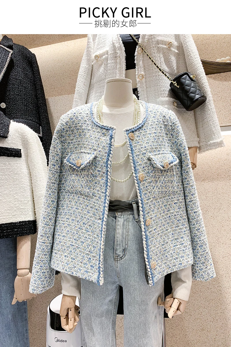 

Fashion Casual Autumn Winter Woolen Coat Women Tweed Jacket Small Fragrance Long Sleeve All-match Top Vintage Elegant Outwear