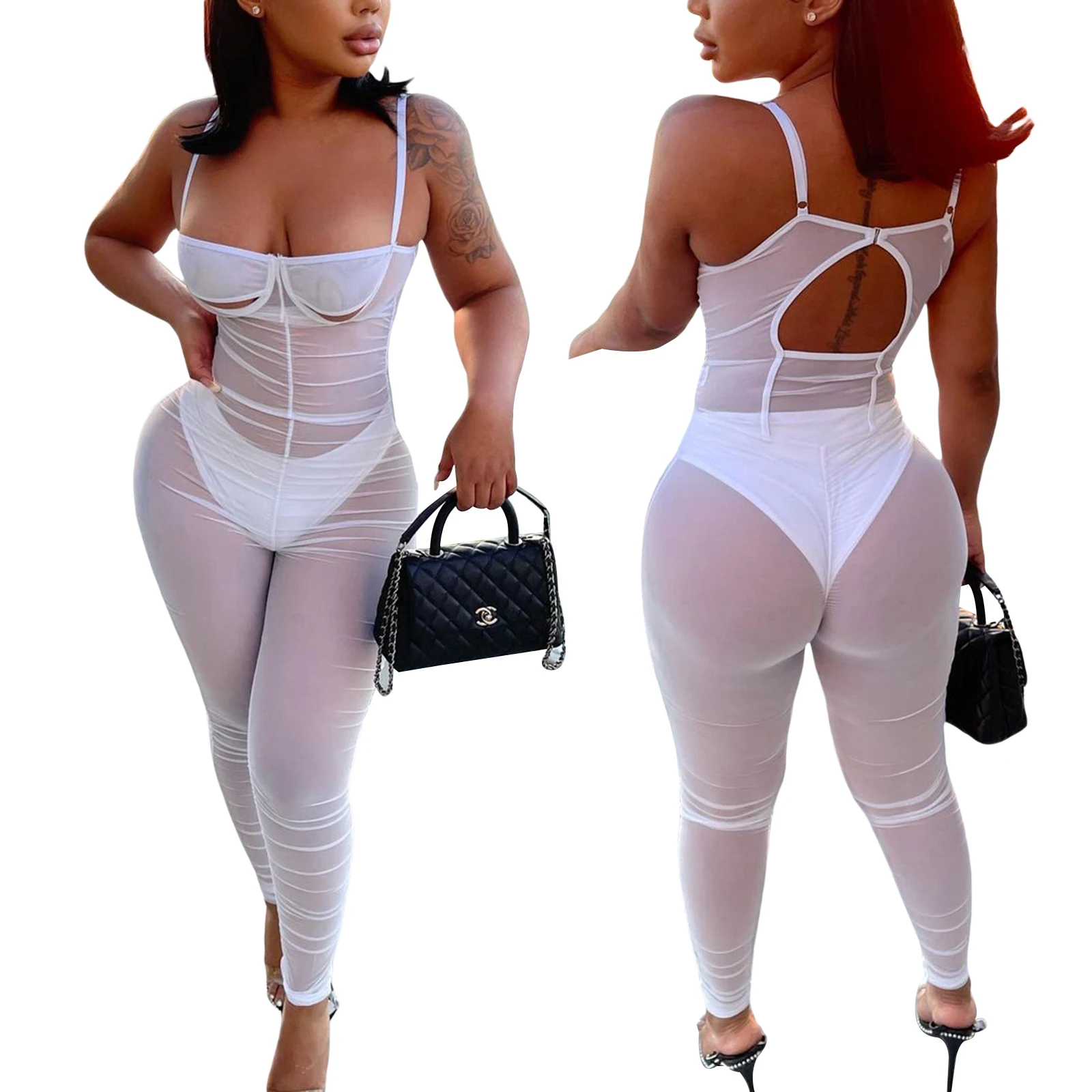 

Women Casual Close-fitting Jumpsuit See-through Sleeveless Boat Neck Sexy One-piece Bodysuit Clubwear