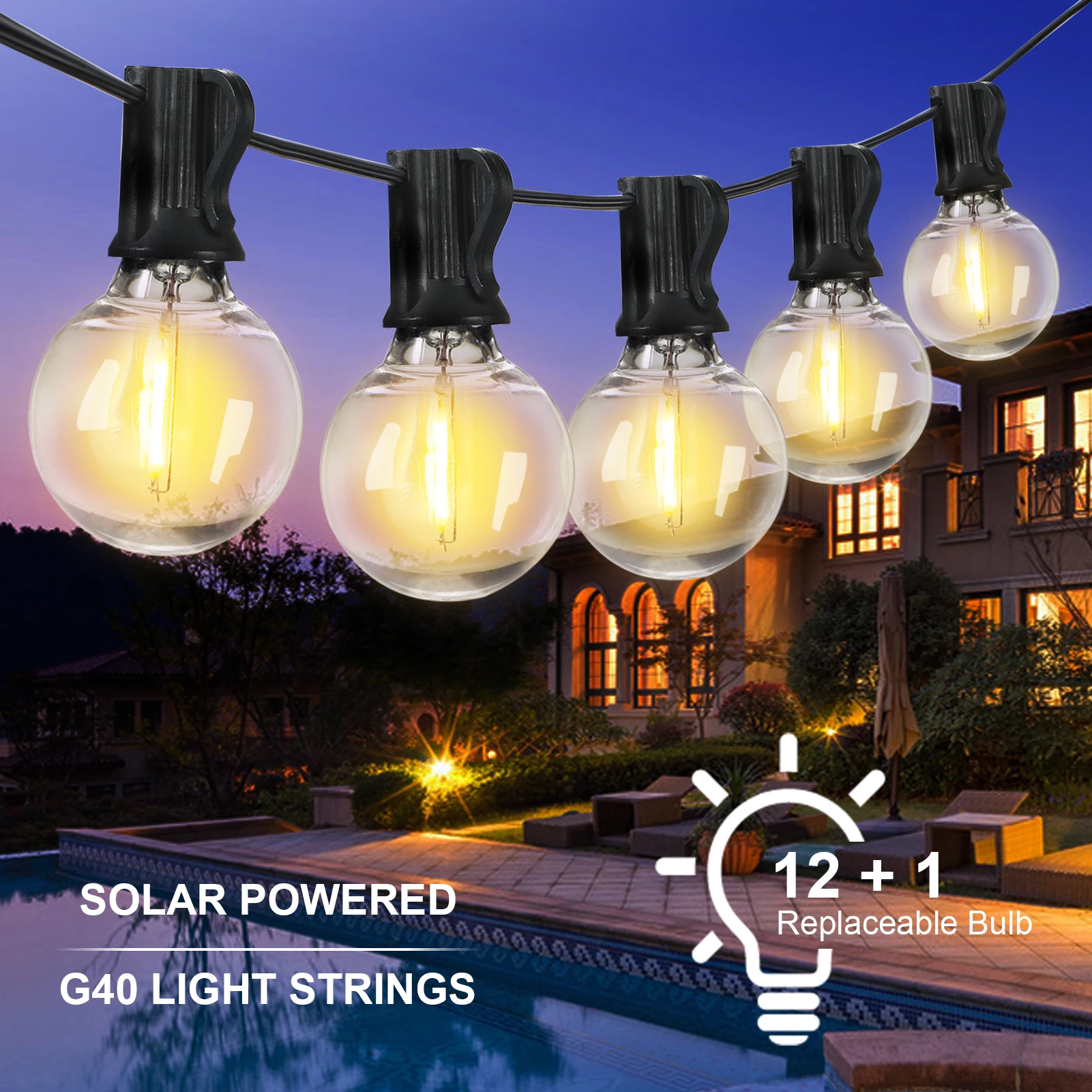 

Tomshine Solar Powered Outdoor String Lights Warm White LEDs 18.04FT 12pcs G40 Shatter-proof Bulbs (1 Spare) IP65 Hanging Patio