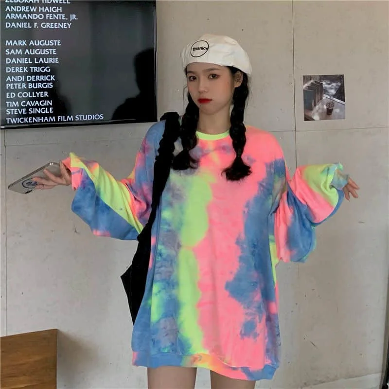 

Korean Version Long-sleeved Women's Shirt Tie-dye Loose Student Fat Sister Plus Size Women's 200 Catties T-shirt Female Tide
