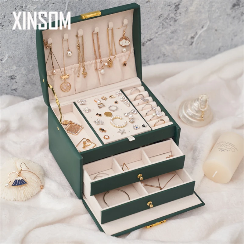 

XINSOM Jewelry Organizer Portable Necklace Earrings Rings Jewelry Box Packaging PU Leather Storage Joyeros Organizador De Joyas