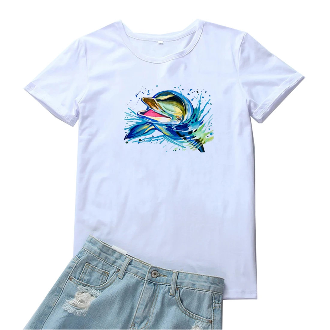 

Женская футболка с акварельным рисунком дельфина, женская футболка из хлопка с милым рисунком животных