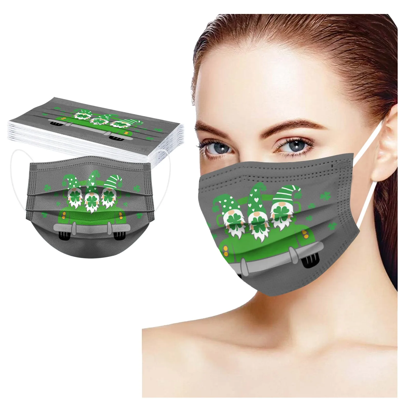 

10PCS Adult Mask St. Patrick' Day Disposable Face Mask 3 Ply Earloop Anti-PM2.5 Dustproof Windproof Facemask Outdoor Face Cover