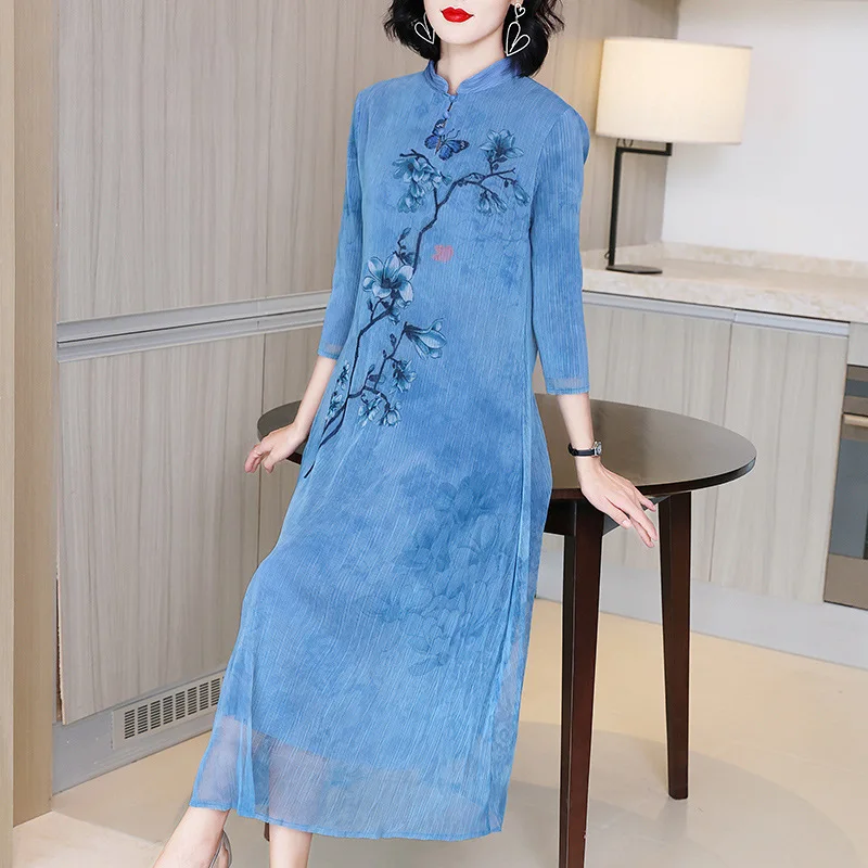 

Chinese Style Retro Modified Cheongsam Dress Mother's Spring Dress New Women's Middle Length Slim Temperament Dress