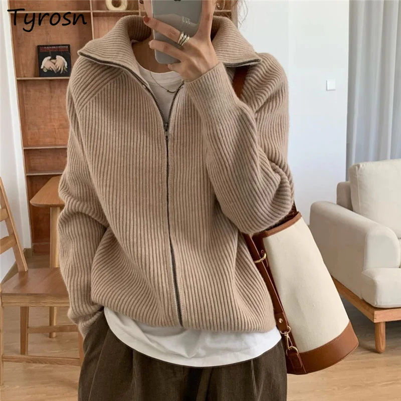 

Cardigans Women Zipper Autumn Knitted Vintage Baggy Turn-down Collar Comfort Korean Style All-match Harajuku Trendy Cozy Thicker