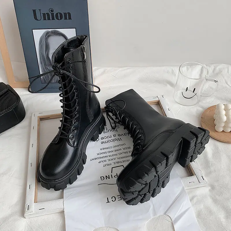 

2021 New Mid Calf Boots Women Autumn Winter Fashion Lace-up Zipper Botas Mujer Boots Sports Platform Heel Ladies Shoes