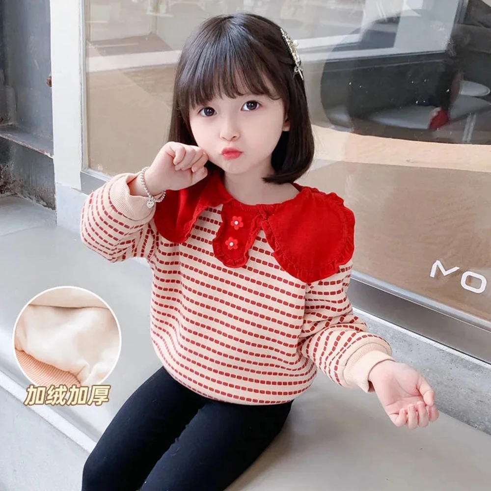 

2022 New Thick Fleece Striped Sweatshirts 2-9 Years Toddler Baby Winter Warm Top Children Causal Hoodie Kids Clothes Girls 6 8 9