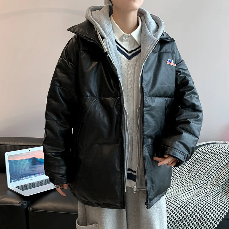 Fake Two-piece Hooded Cotton Coat Men 2021 Korean Fashion Ins Loose Casual PU Leather Coat Couple Cotton Coat Winter Jacket