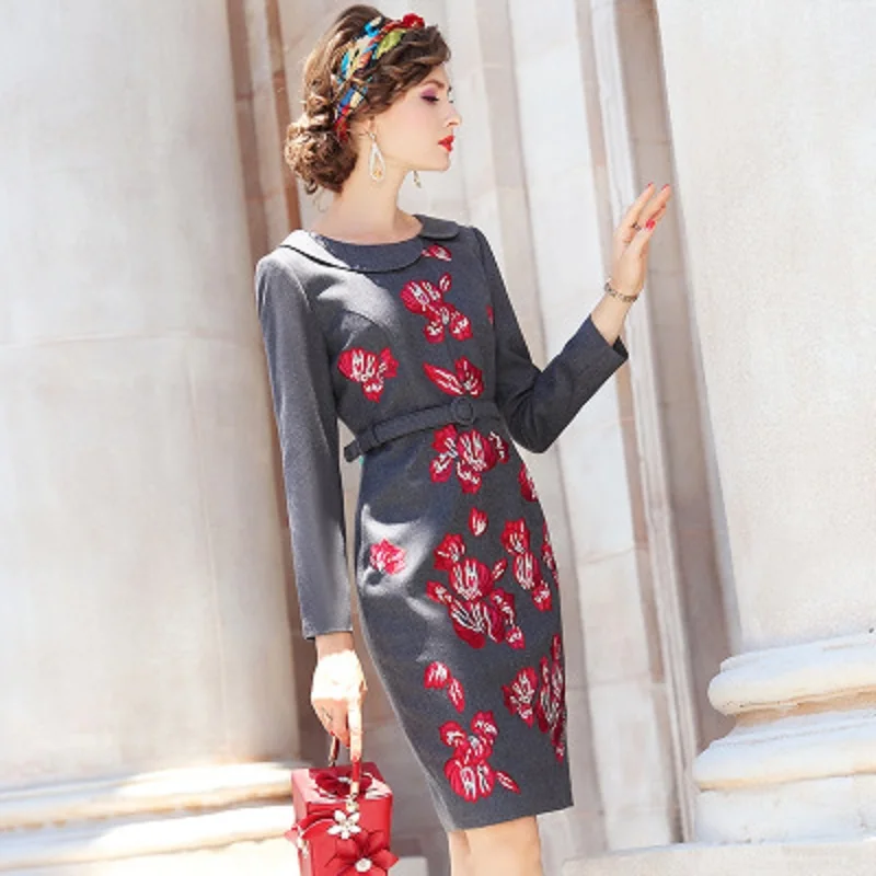 Solid Office lady Hepburn professional print dress high waist women's Spring Autumn dresses embroidery skirt with belt Plus XXXL