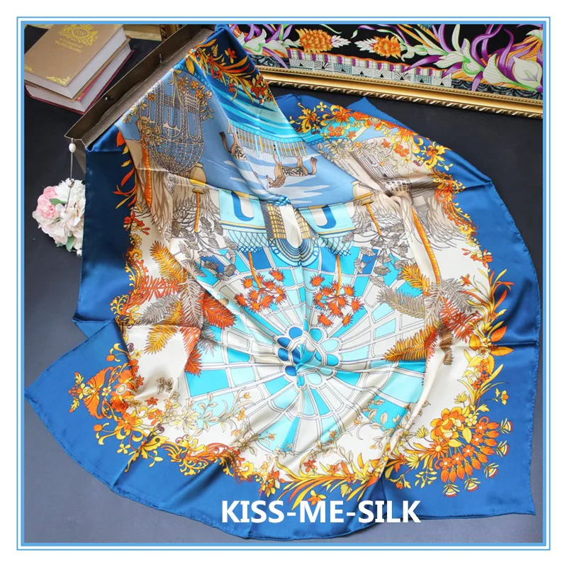 

KMS New silk scarf palace horse coconut tree silk wild silk crepe satin square scarf for Girl Lady Woman Women 110*110cm/60g