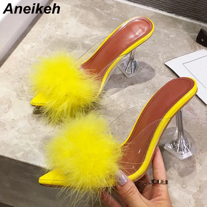 Тапки Aneikeh женские из ПВХ Мех животных прозрачные перо кристаллы высокий каблук