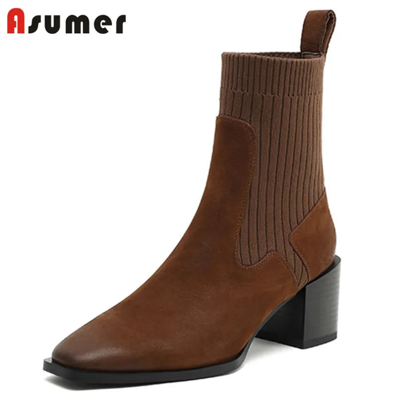 

Asumer 2021 Vintage Western Stretch Boots Women Shoes Square Toe Slip On Autumn Winter Square Heel Dress Shoes Women Ankle Boots
