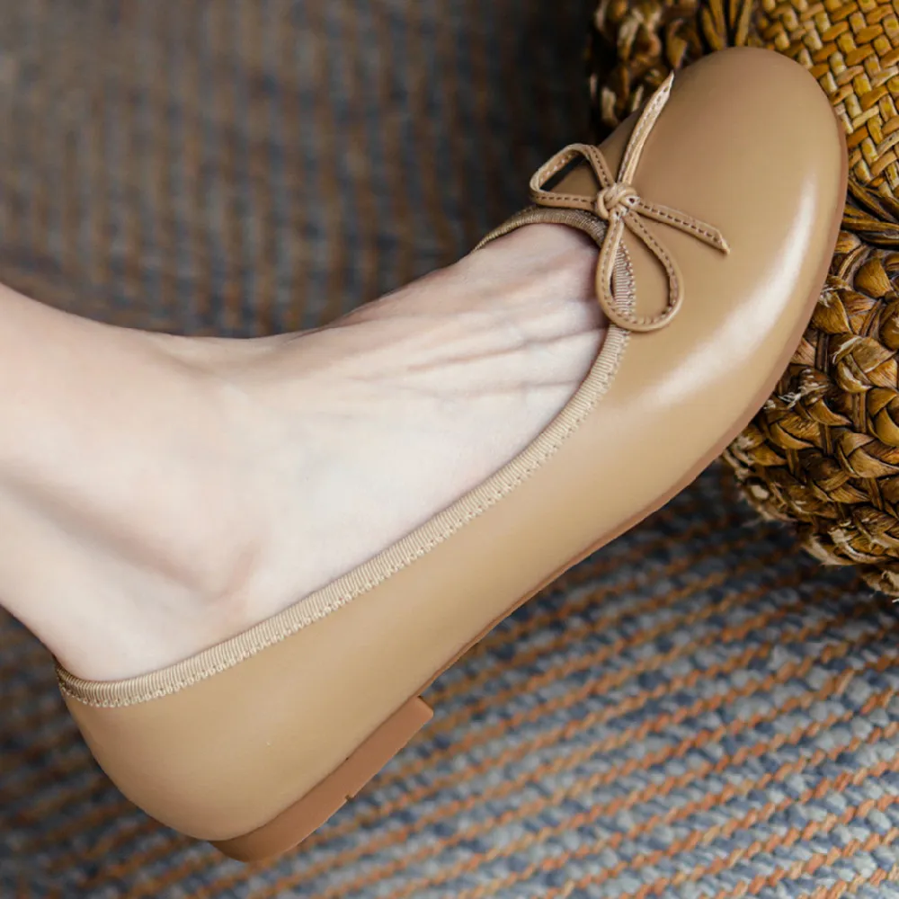 

Women's genuine leather round toe slip-on ballet flats leisure soft comfortable bowtie ballerinas casual sweet daliy shoes women