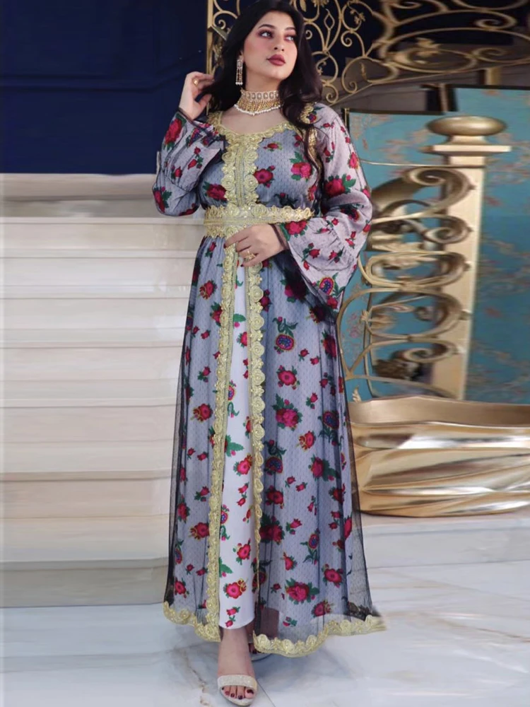 Марокканский кафтан с цветочным принтом, тюль, кафтан, ислам, Дубай, абайя, женское длинное мусульманское платье, вечернее платье Рамадан, ИД...
