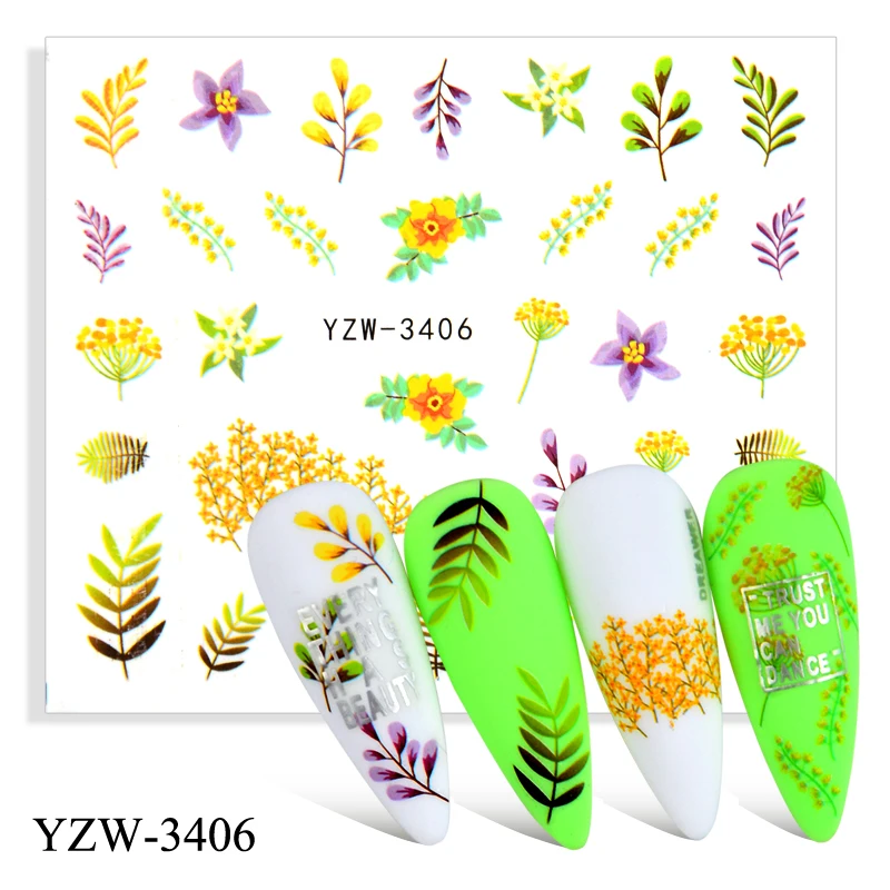 

WUF 4PCS/LOT Charms Flowers Leaf Face Nail Stickers Watercolor Nail Art Decals Sliders Manicure Decorations Foils Tattoo