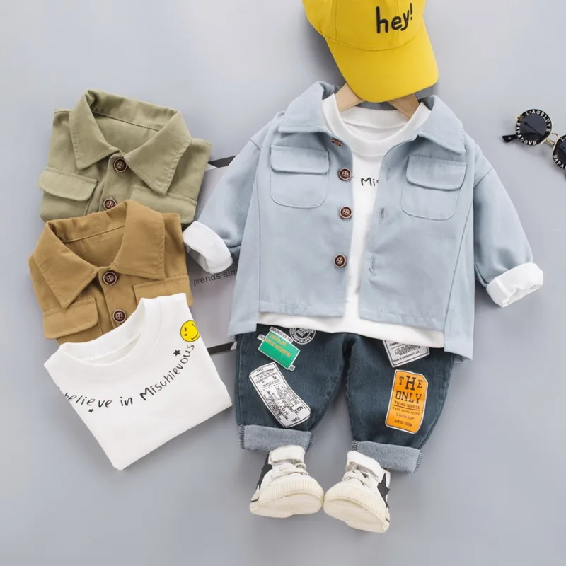 New Spring Autumn Children Clothes Baby Boys Girls Lapel Jacket T Shirt Pants 3Pcs/sets Kids Infant Clothing Toddler Sportswear |