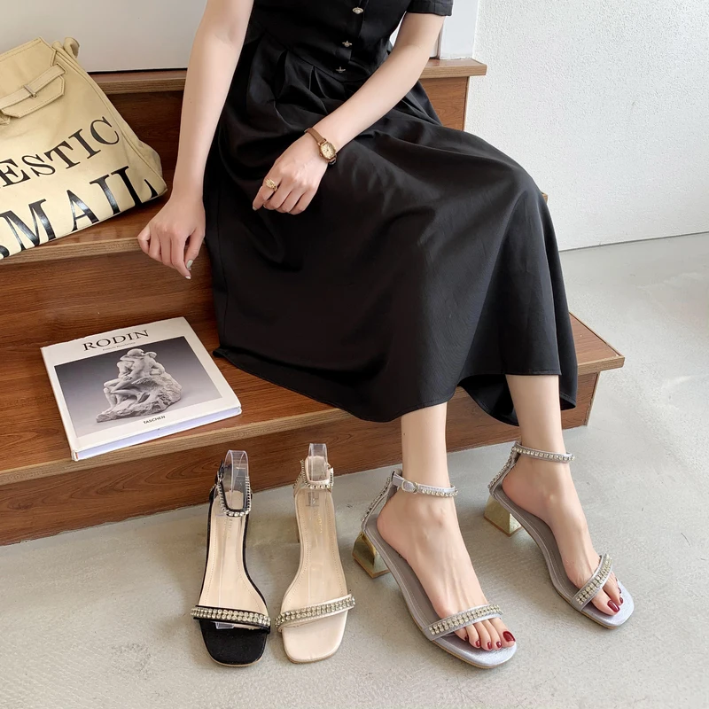 

Female Sandal Block Heels 2021 Women's All-Match Clear Shoes Buckle Strap Med Girls Chunky New High Fashion Medium Comfort Beige